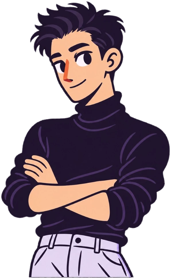An illustrated portrait of Nikita with his arms crossed